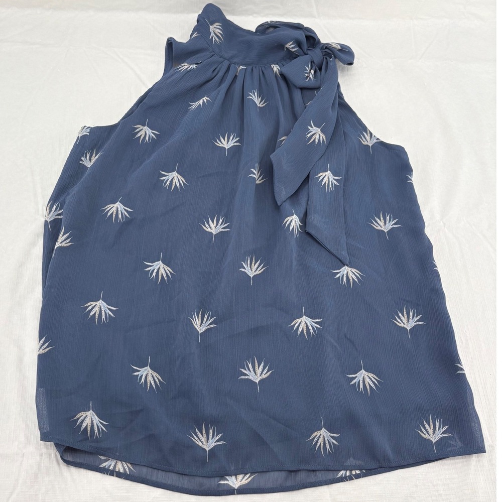 Ann Taylor Factory Blue Botanical Leaf Print Halter Tie Neck Blouse XS 1104